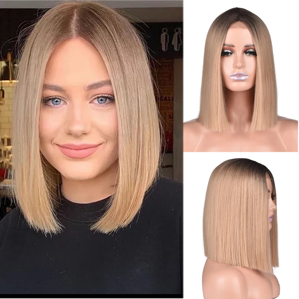 

Short Straight Synthetic Wigs for Women Blonde to Brown Ombre Bob Wigs Daily Cosplay Party Heat Resistant Fake Hair