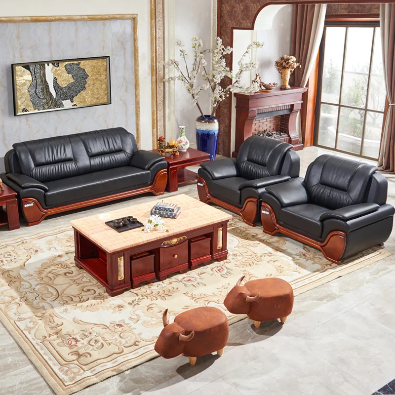meeting guests, negotiation area, new Chinese style, three person coffee table combination, leather sofa