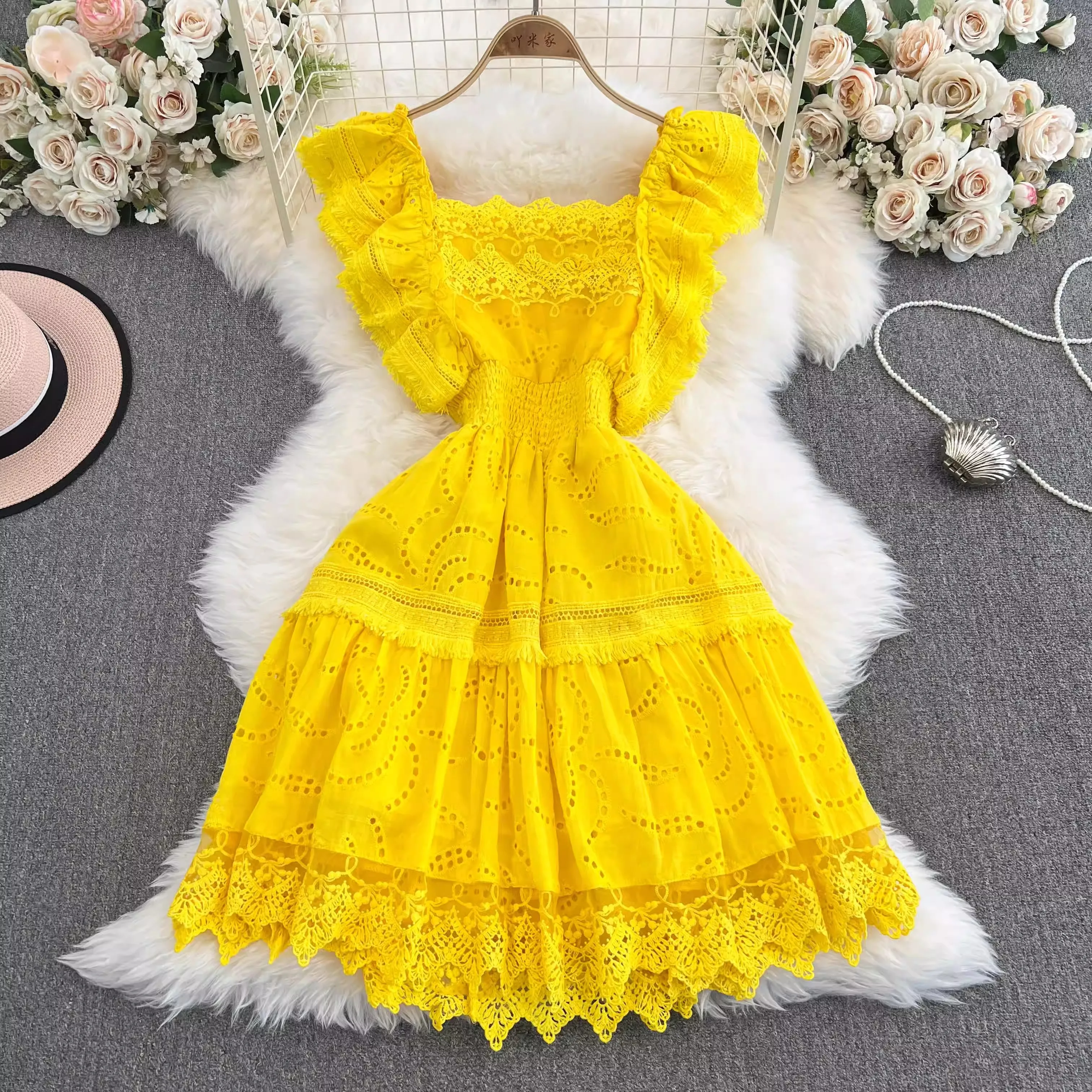 

Holiday Crochet Lace Hollow Out Embroidery Cotton Dresses Women's Square Collar Ruffles Flying Sleeve Solid Mini Party Vestidos