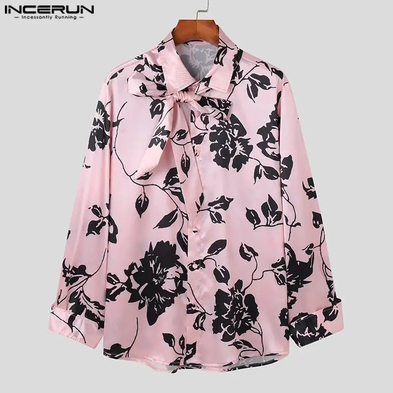 2023 Men Shirt Printing Satin Lapel Long Sleeve Streetwear Lace Up Men Clothing Autumn Fashion Casual Camisas S-5XL INCERUN