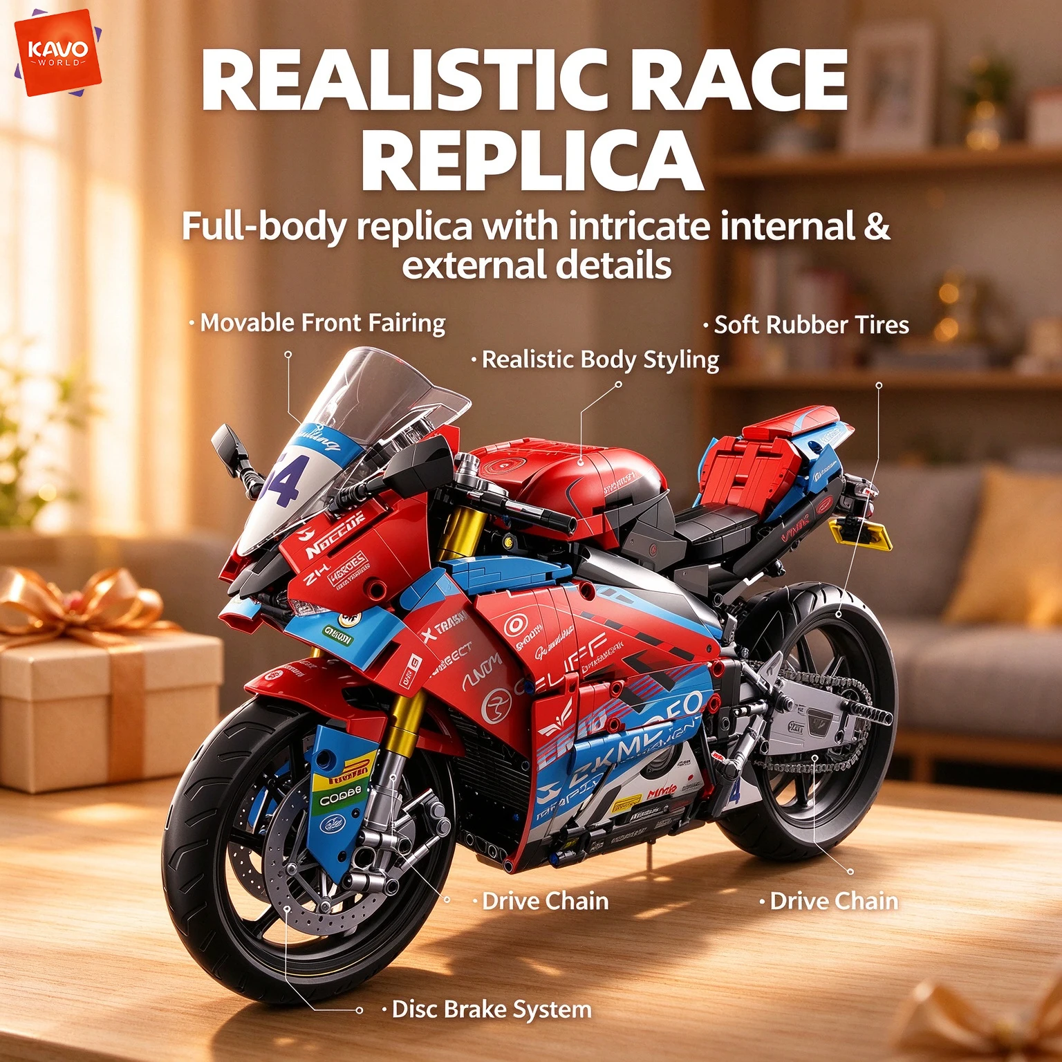 KAVOWORLD 1839PCS Racing Motorbike Building Blocks 1:5 Technic Motorbike Construction Bricks STEM Collectible Gift for Adult