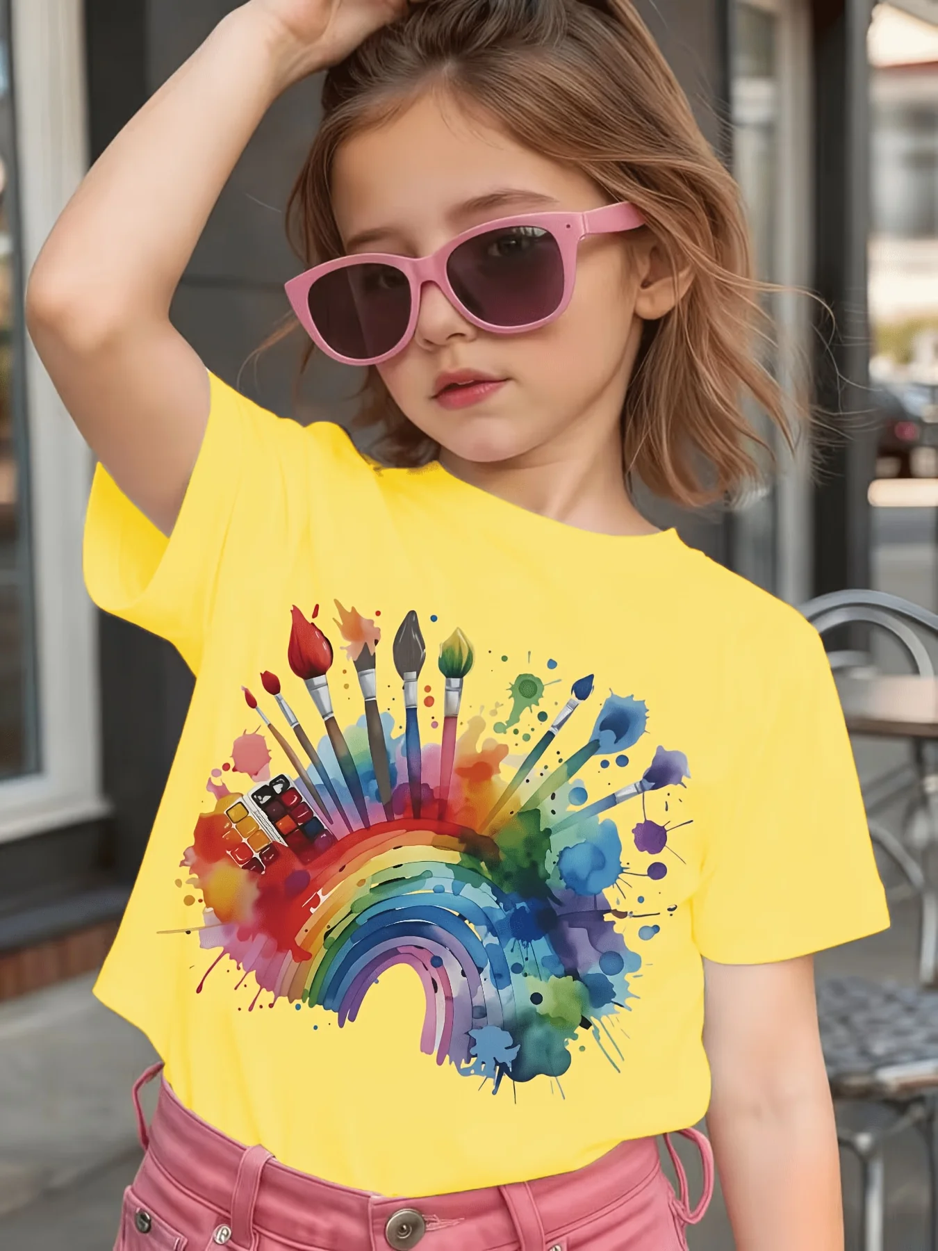 Rainbow Paint Brush Watercolor Splash Print  T Shirt Boys Girls Family Matching Cotton Short Sleeve Casual Tees For Toddler Kids
