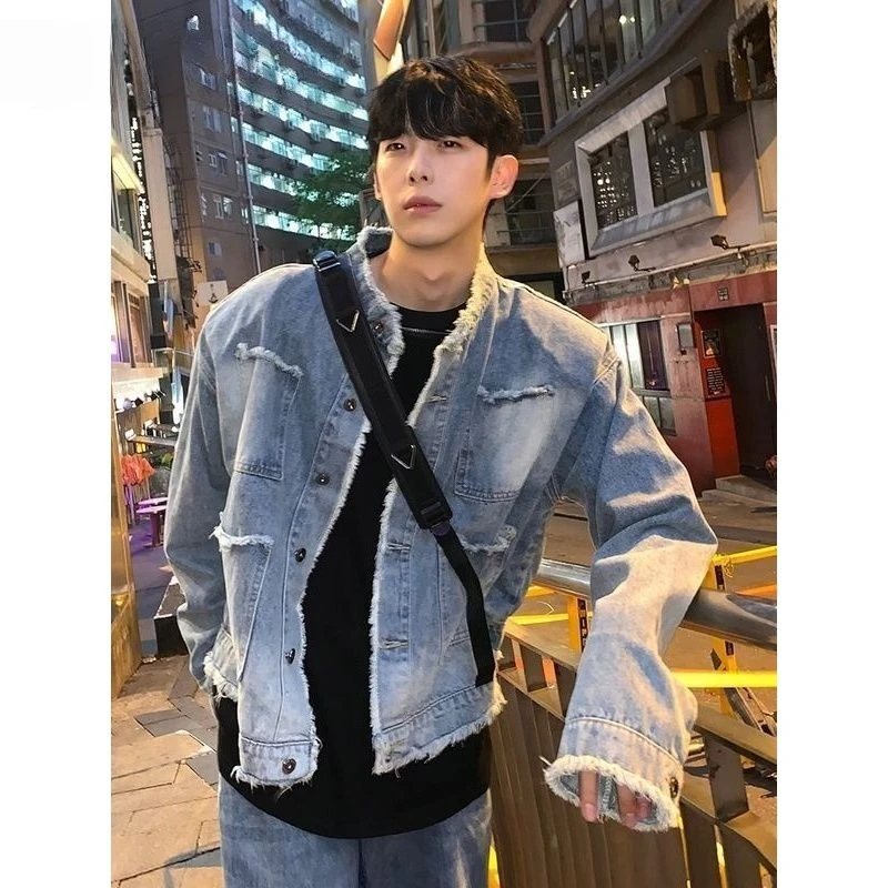 All-match jacket Korean style street fashion trendy brand stand collar denim jacket washing and old denim suit