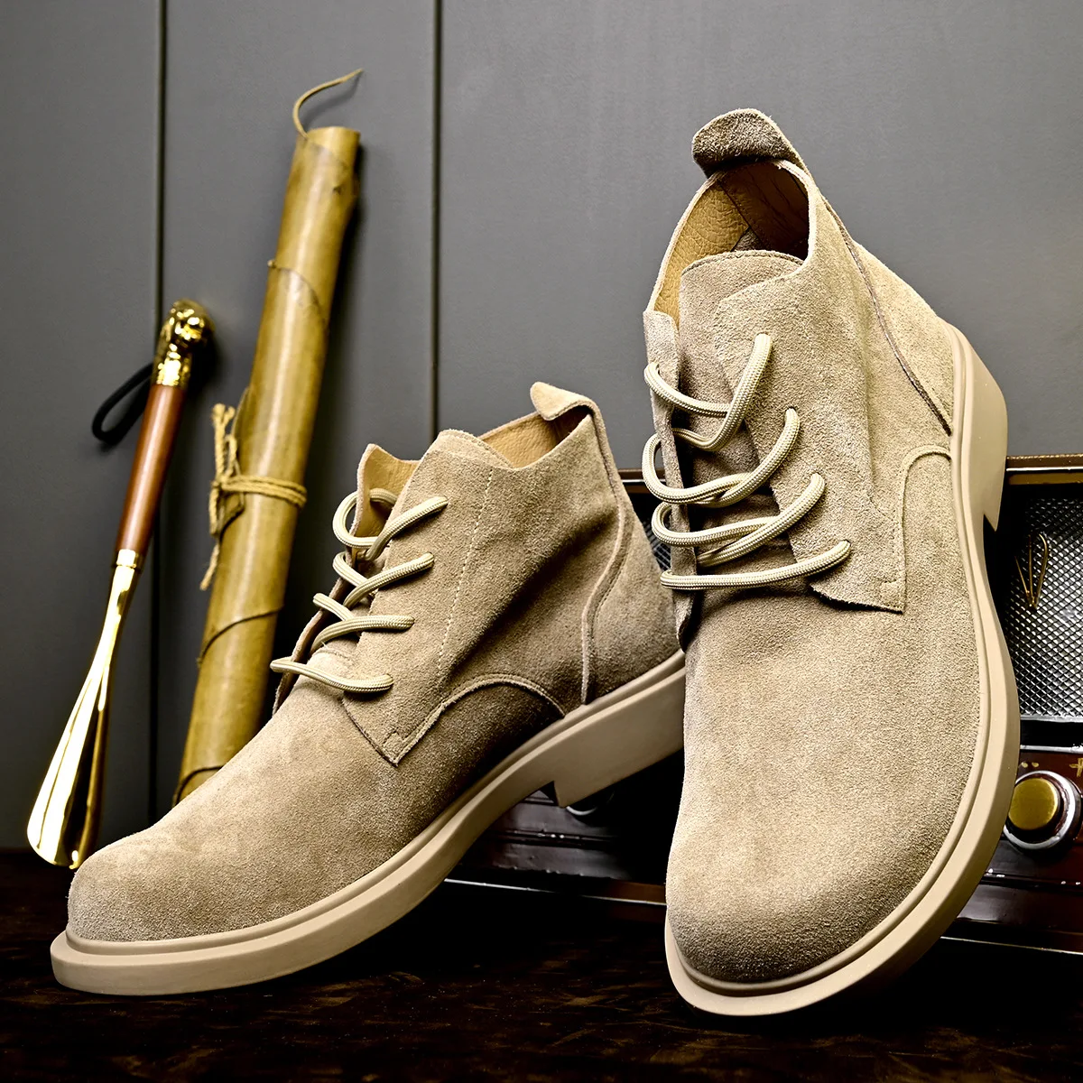 

Men's Roughout Suede Motorcycle Boots, Autumn Vintage Soft Sole Anti-Slip Desert Shoes, Mid-Cut Work Boots with Suede Leather