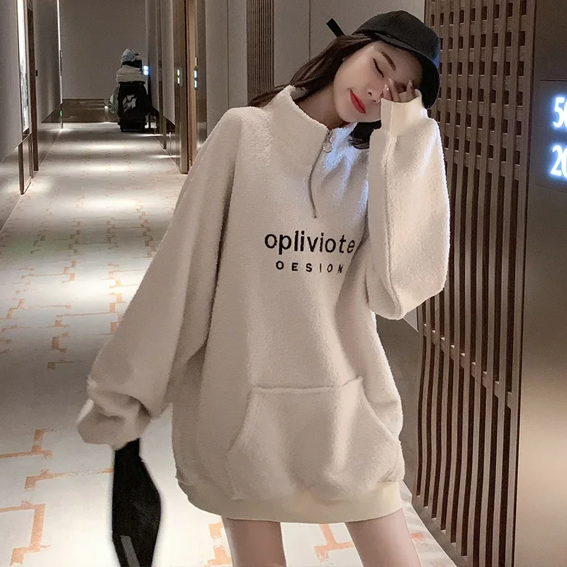 Alphabet Embroidered Lamb Wool Hoodies Autumn and Winter Mid-length Zipper Jacket Winter Pure Color Plush Lined High Neck Coats