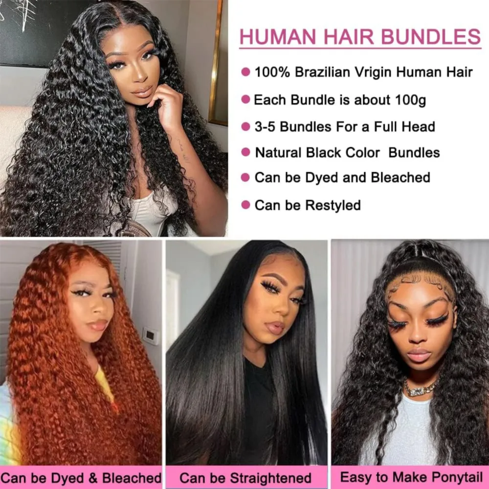 Bundles de cheveux humains bouclés Deep Wave, tissage de cheveux humains brésiliens, extensions non transformées, document naturel, 3 faisceaux