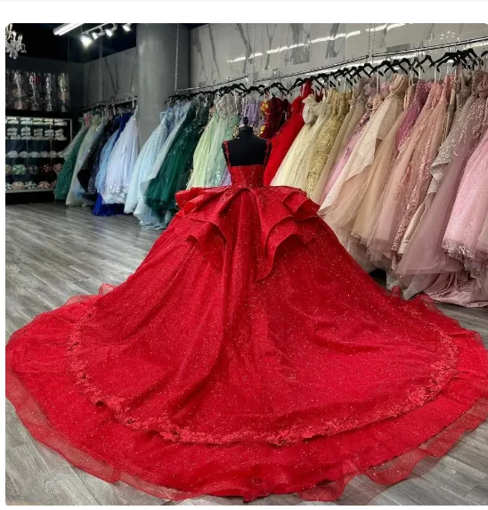 فساتين ANGELSBRIDEP باللون الأحمر اللامع Quinceanera زهور مطرزة بالخرز وكشكشة من الدانتيل فيستدوس دي 15 أنوس لحفلات أعياد الميلاد والحفلات الراقصة حسب الطلب #3