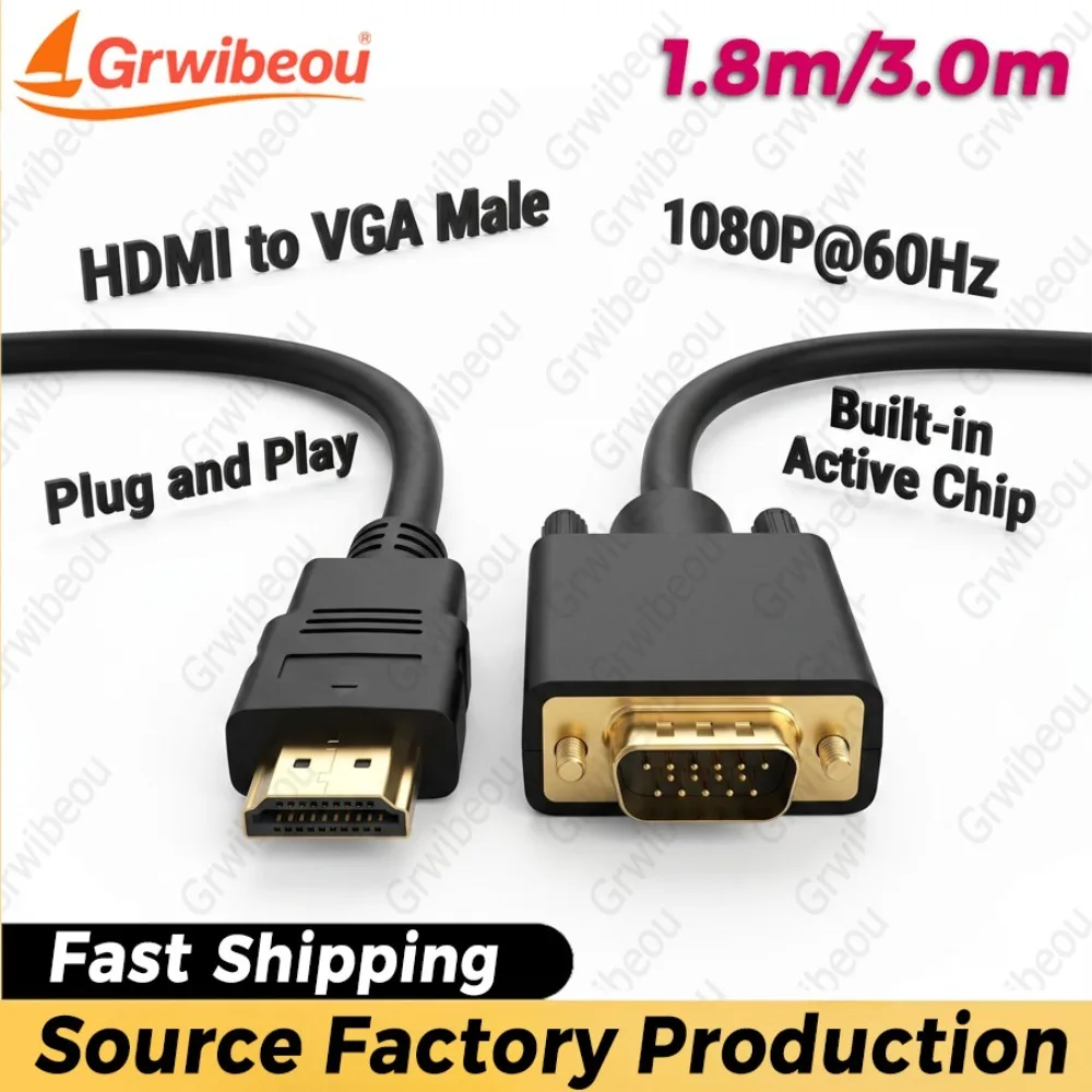 HDMI-Compatible To VGA Adapter 1080P HDTV Male To VGA Male Converter 1.8M/3.0M Cable for Desktop Laptop PC TV Monitor Projector