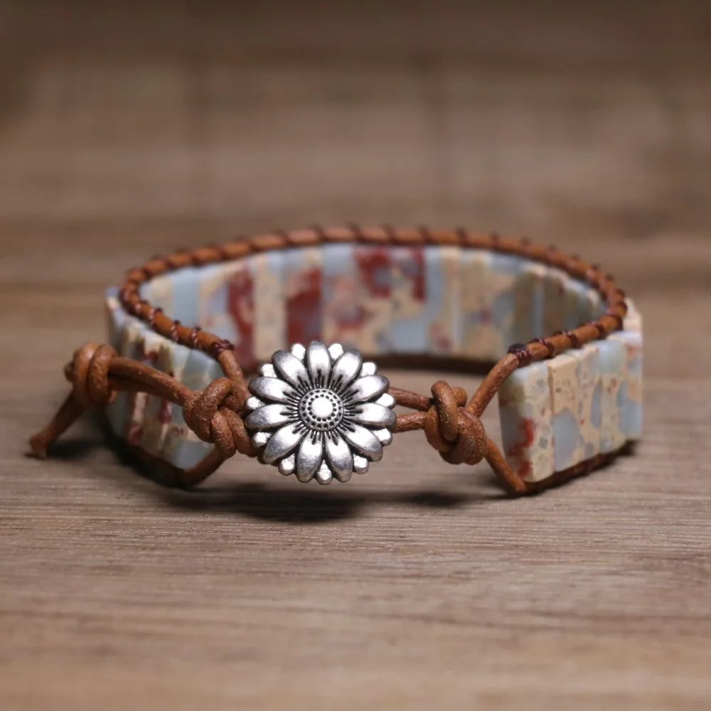 Wholesale European American Style Handmade Imperial Stone Bohemian Cowhide Wrist Bracelet Fashion Chain Link for Gift