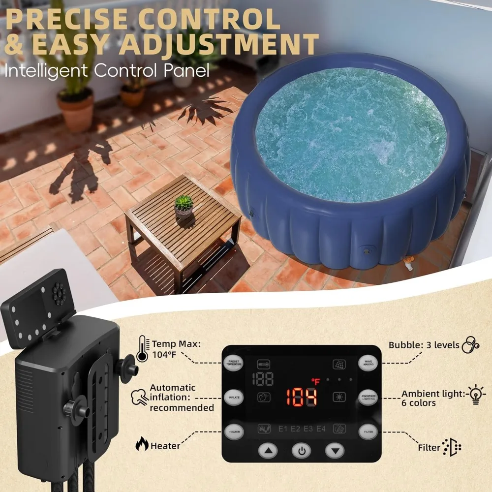 Nadmuchiwana wanna z hydromasażem dla 2–4 osób, przenośne spa na świeżym powietrzu z 146 łagodzącymi dyszami powietrznymi (73" x 28"), przenośna wanna z hydromasażem z pokrywą