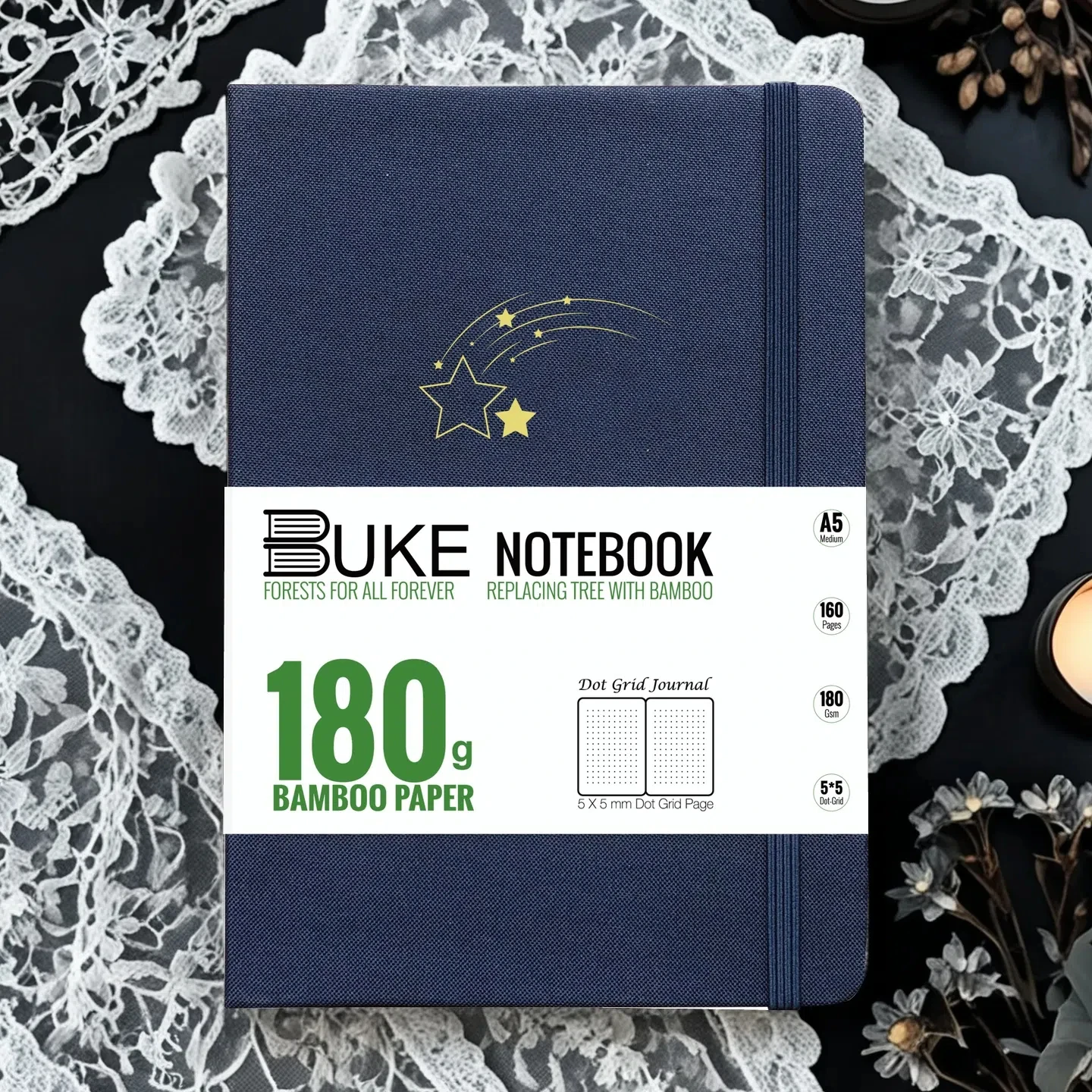 BUJO A5 Dot Grid Notebook – Premium Dotted Journal, 180 g/m2 Papier, silberne Kanten, Hardcover, Taschen- und Geschenkverpackung