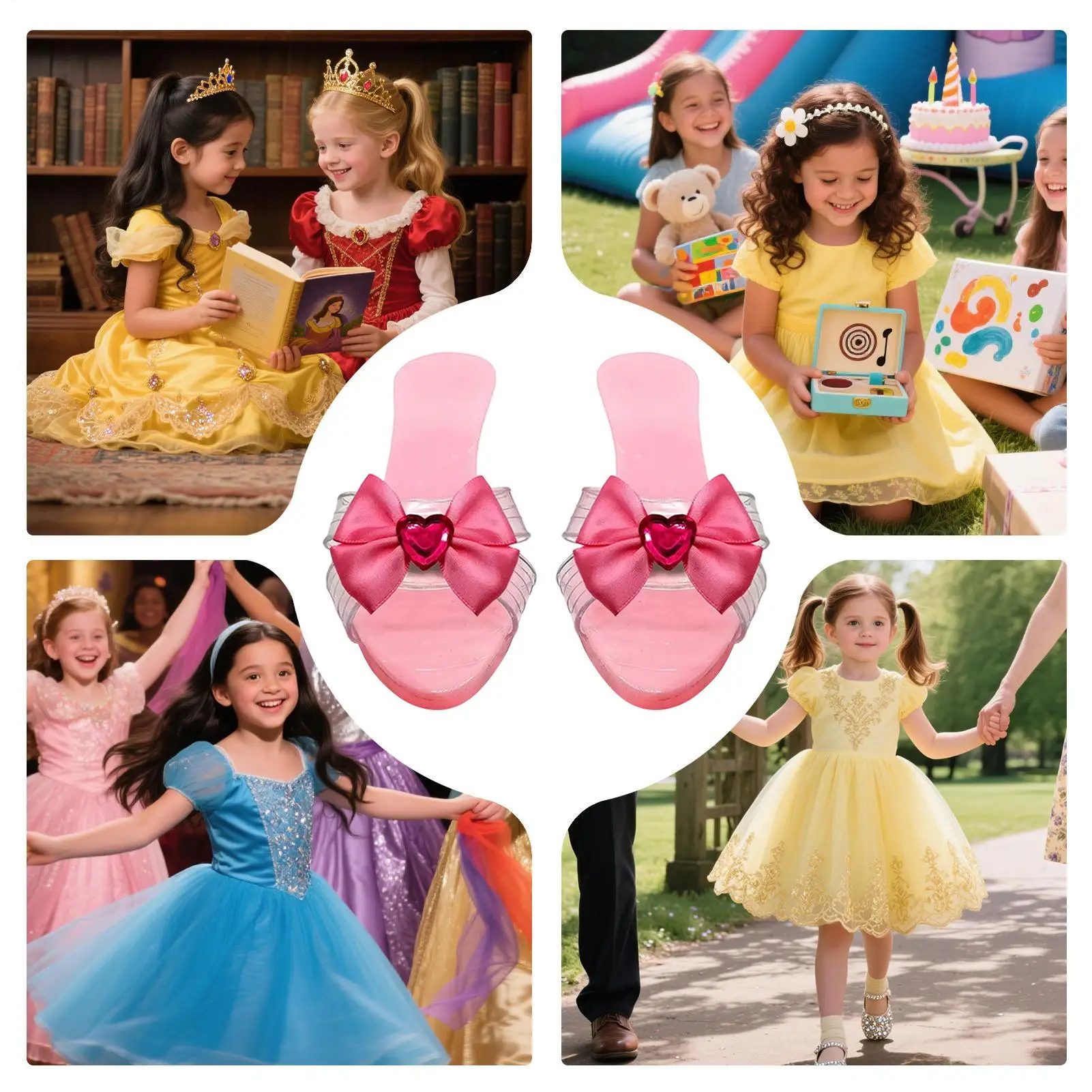 รองเท้าเจ้าหญิงสำหรับแต่งตัวเล่นบทบาทสมมติ รองเท้าคริสตัล คอสเพลย์ รองเท้าส้นสูง สำหรับการแสดงบนเวที การแสดงโรงเรียน และงานธีมต่างๆ