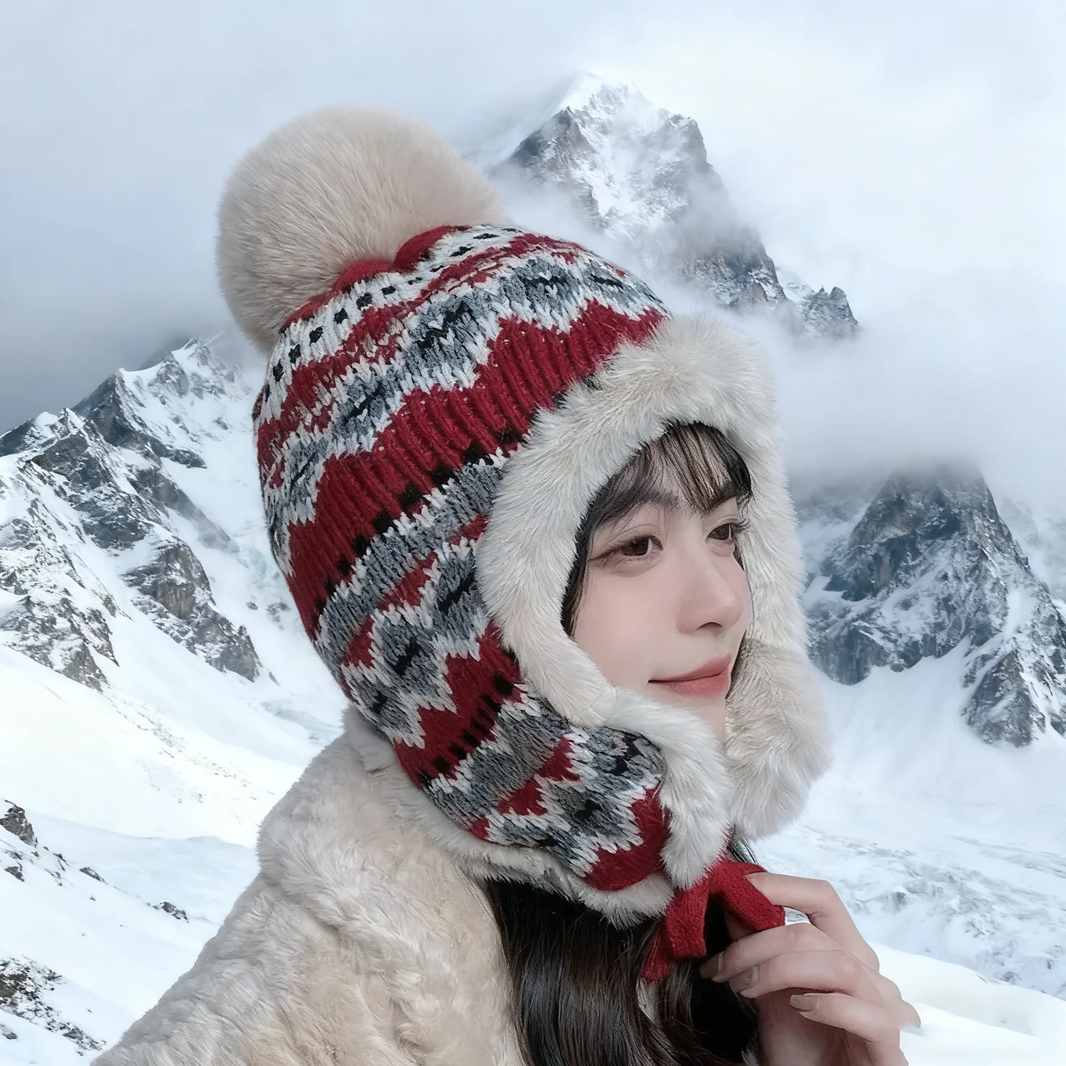 

2025 Winter Ethnic Knitted Fleece Thick Hat for Women Girls Cute Cold-resistant Windproof Skiing Warm Ear Protection Wool Hats