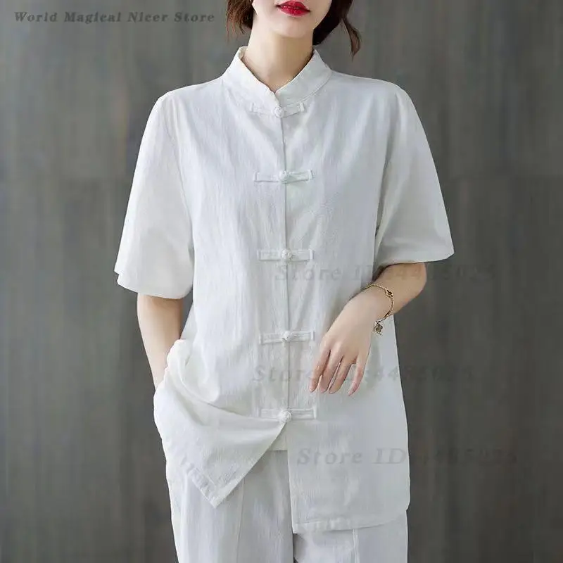 Women Chinese Style Cotton Linen Suit, Retro Stand Collar Frog Button Tang Suit, Loose Plus Size Zen Tea Clothing