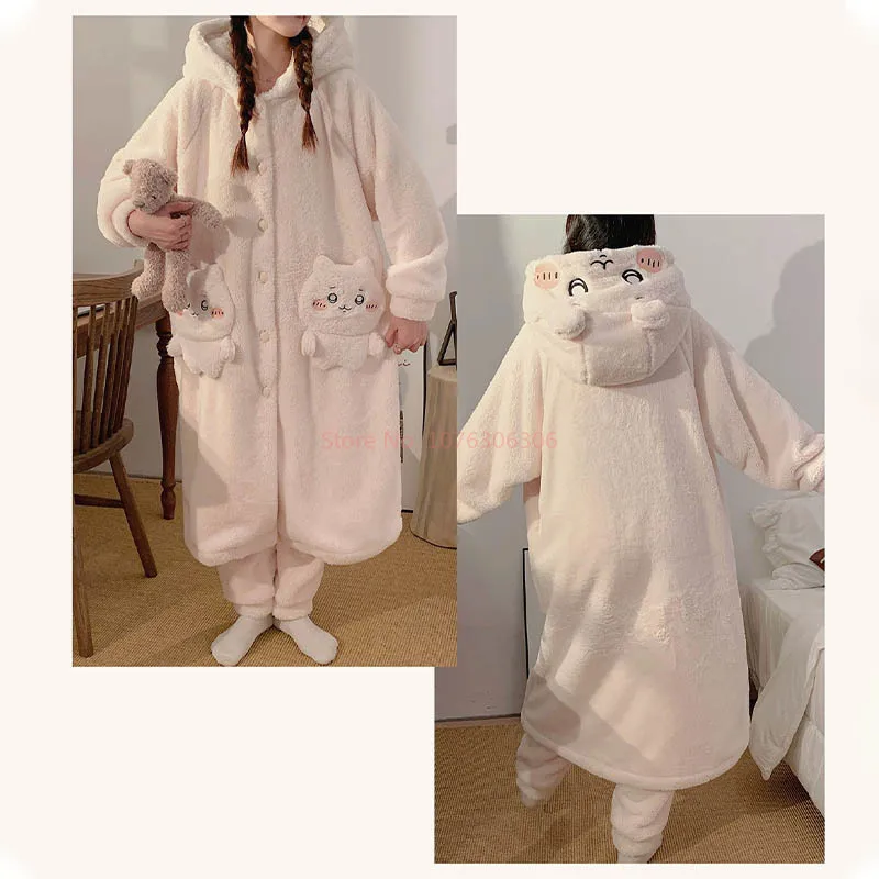 Lovely Chiikawa Cartoon Patterns Nightgown Coral Fleece Autumn And Winter Style Bathrobe Lovers Plush Sleeping Robe And Pants