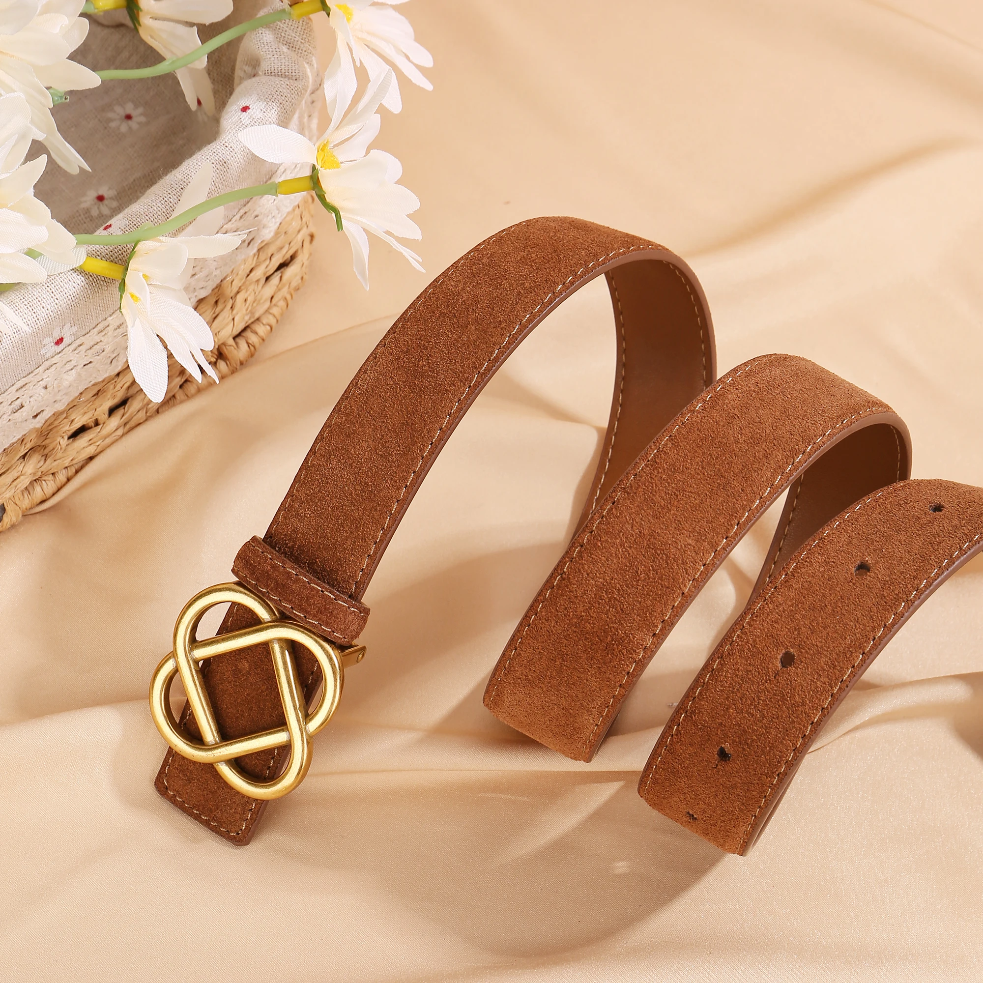 2026 Neuer 2,8 cm breiter Wildleder-Rindsledergürtel für Damen im Vintage-Stil mit Retro-Goldschnalle, schmaler Ledergürtel für Kleider und Jeans – Detail 13