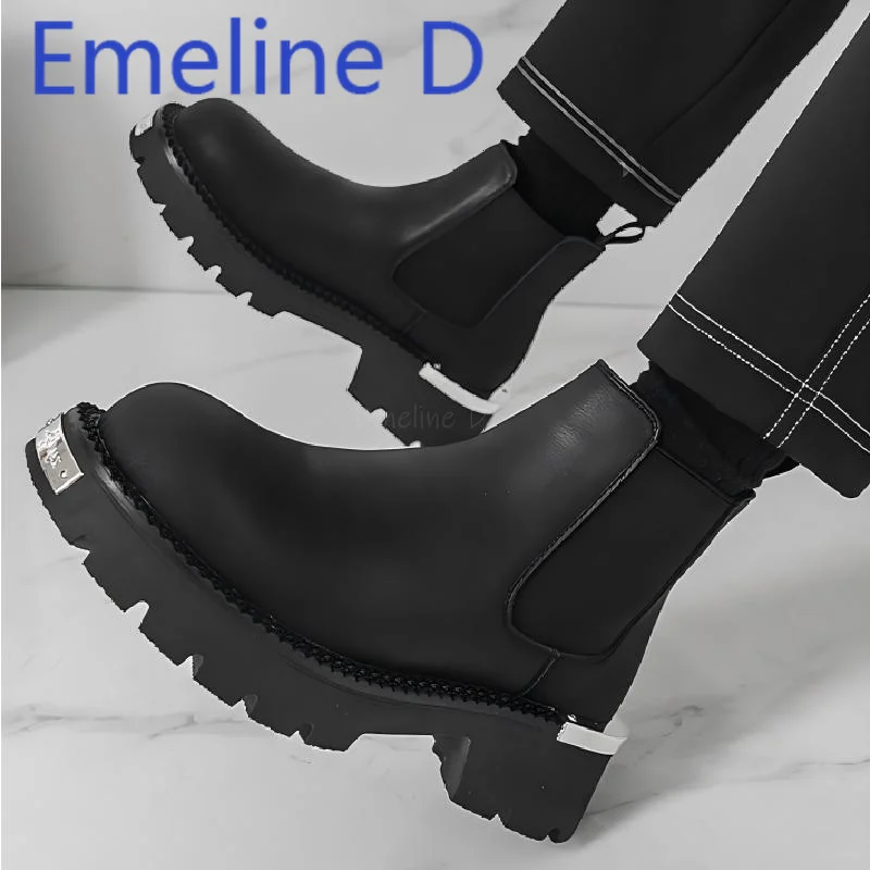 Thick Soled Sleeve Chelsea Boots Fashionable British Style Round Toe One Step On Trendy Casual Retro High Top Leather Shoes