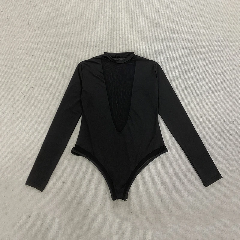Women's Sexy Deep V-Neck Long Sleeve Mesh Patchwork Jumpsuit Casual Spring Summer Fashion Clothing