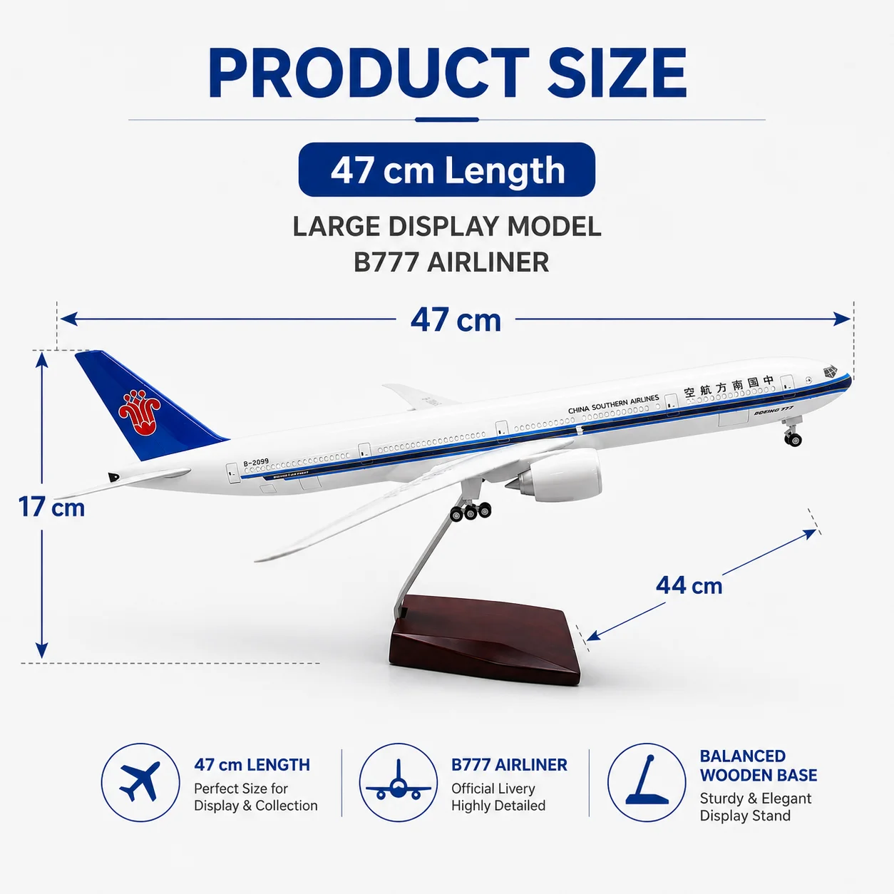 China Southern Airlines B777 47cm Die-Cast Resin Aircraft Model 18.5 inches with Stand and Landing Gear—Model Display Piece