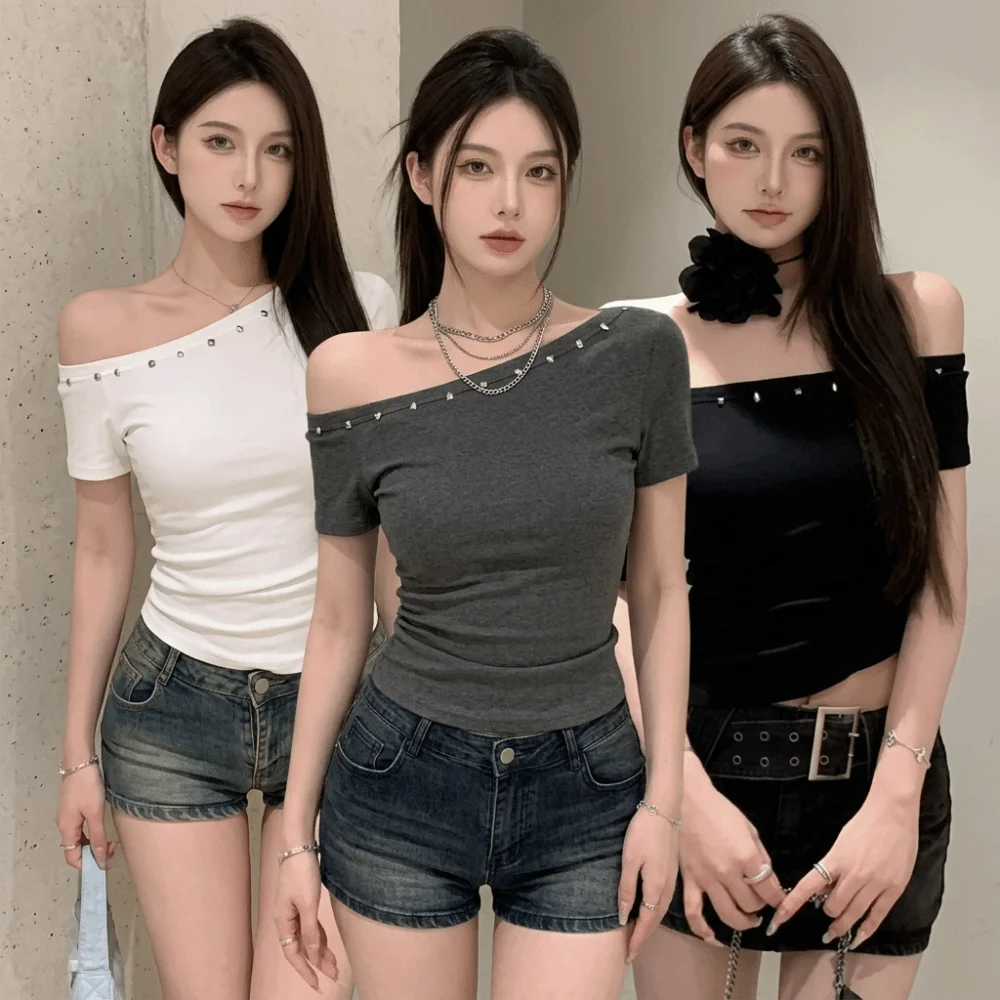 Trendy Studded Off Shoulder Top Stretchy Lightweight Slim Fit Tee Breathable Cropped Women’s Short Sleeve Top Summer Casual Wear