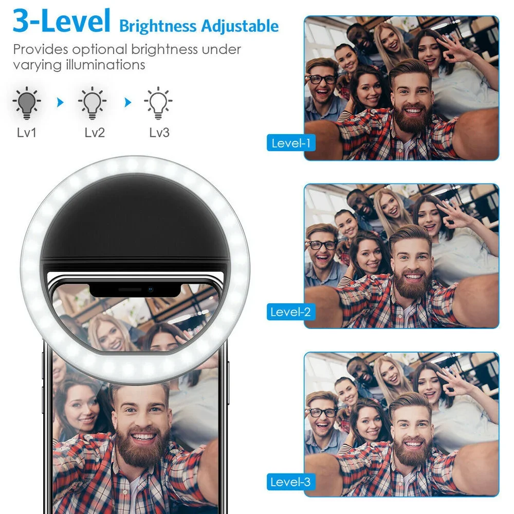 Rechargeable Clip On Selfie Ring Light 3 Level Adjustable Portable Phone Beauty Fill Light For Live Streaming Video Photography view 2