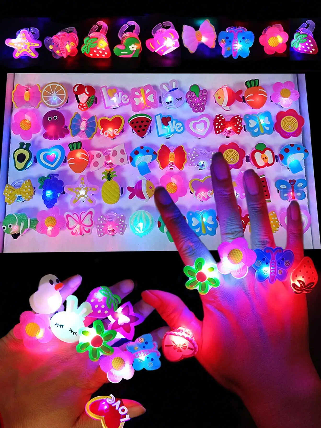 50pcs Cartoon LED Luminous Finger Rings Animal Flower Light Up Finger Ring Toys Glowing Rings Glow in The Dark Party Supplies