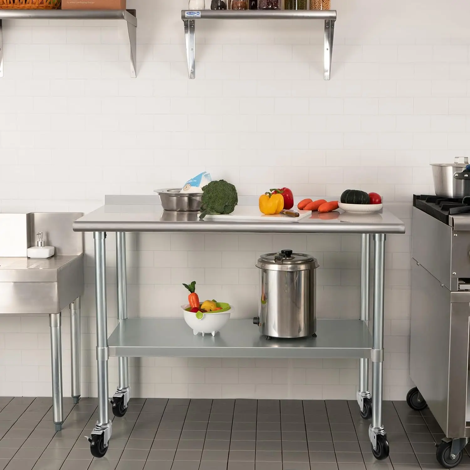 Stainless Steel Table 24 x 48 Inches with Wheels Casters NSF Heavy Duty Commercial Prep Table with 2” Backsplash and Adjustable