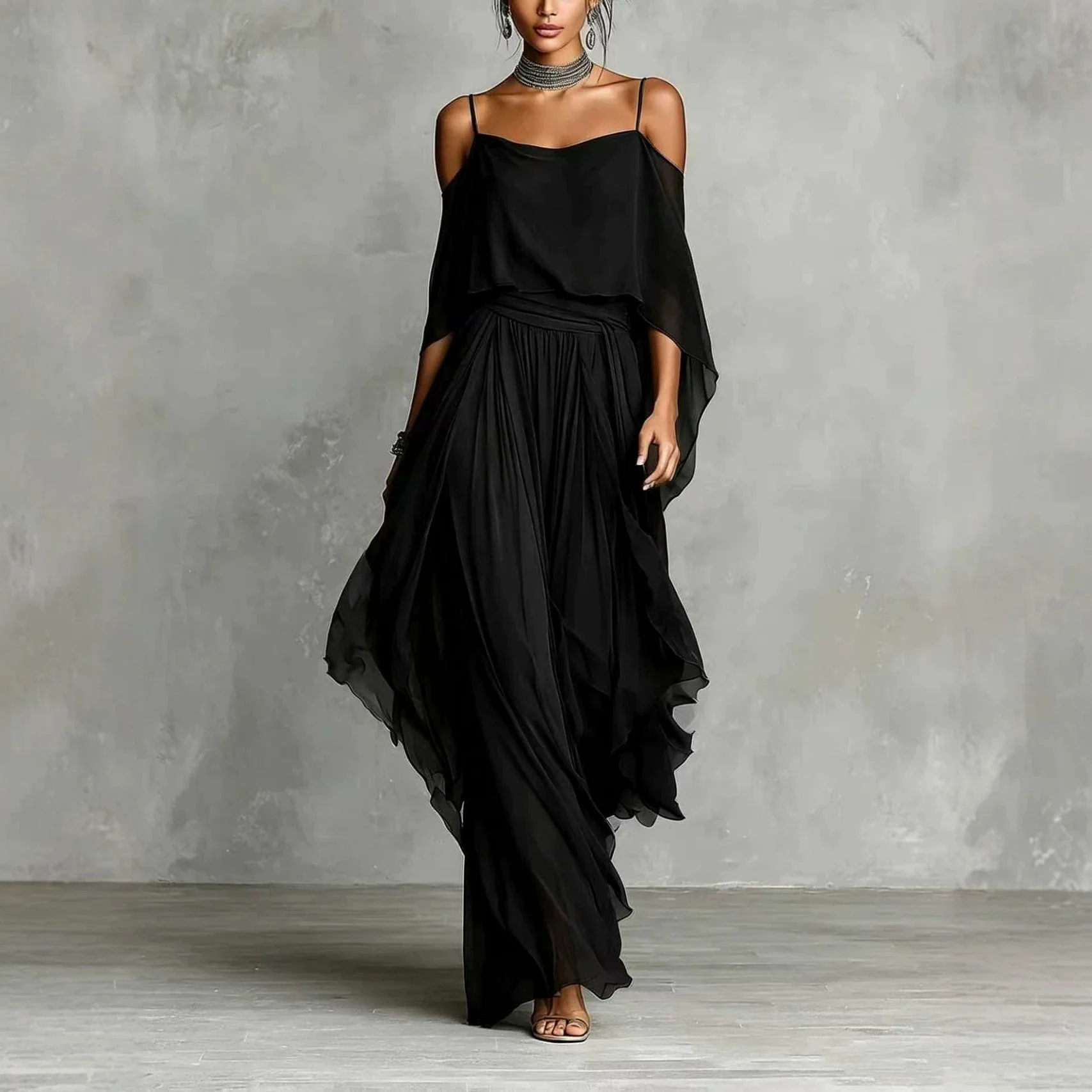 New Elegant Off Shoulder Sling Tops Wide Leg Pant 2PCS Set Summer Female Casual Hollow Sleeve Solid Fashion Draped Party Outfits