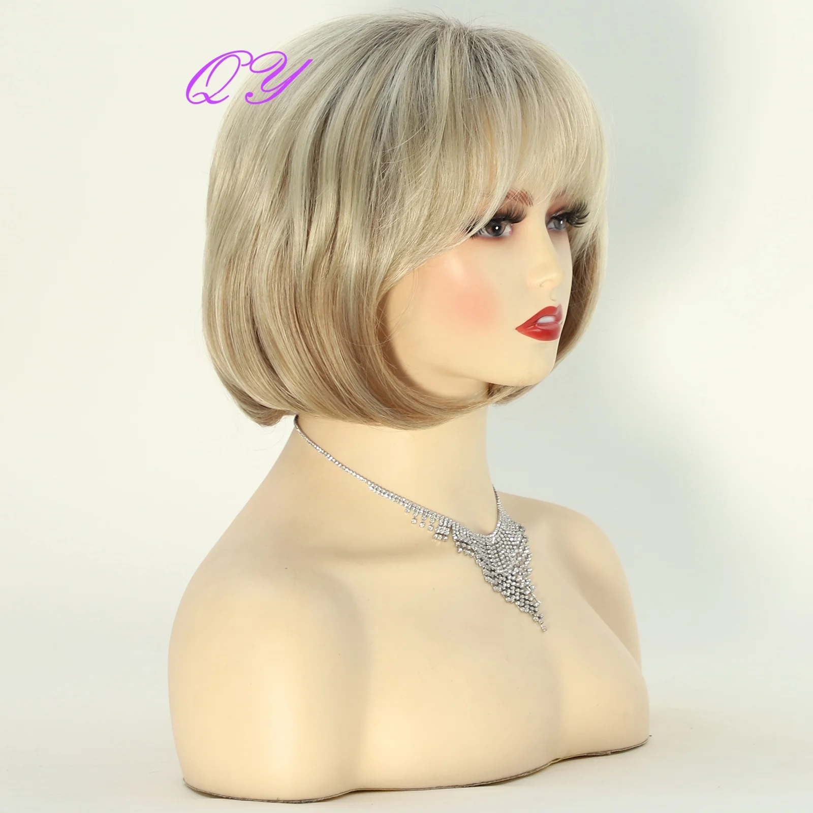 Synthetic 10 Inch Bob Natural Straight Short Women Wig  Ombre Blonde Hair  High Quality Female  With Bangs Hair Wigs