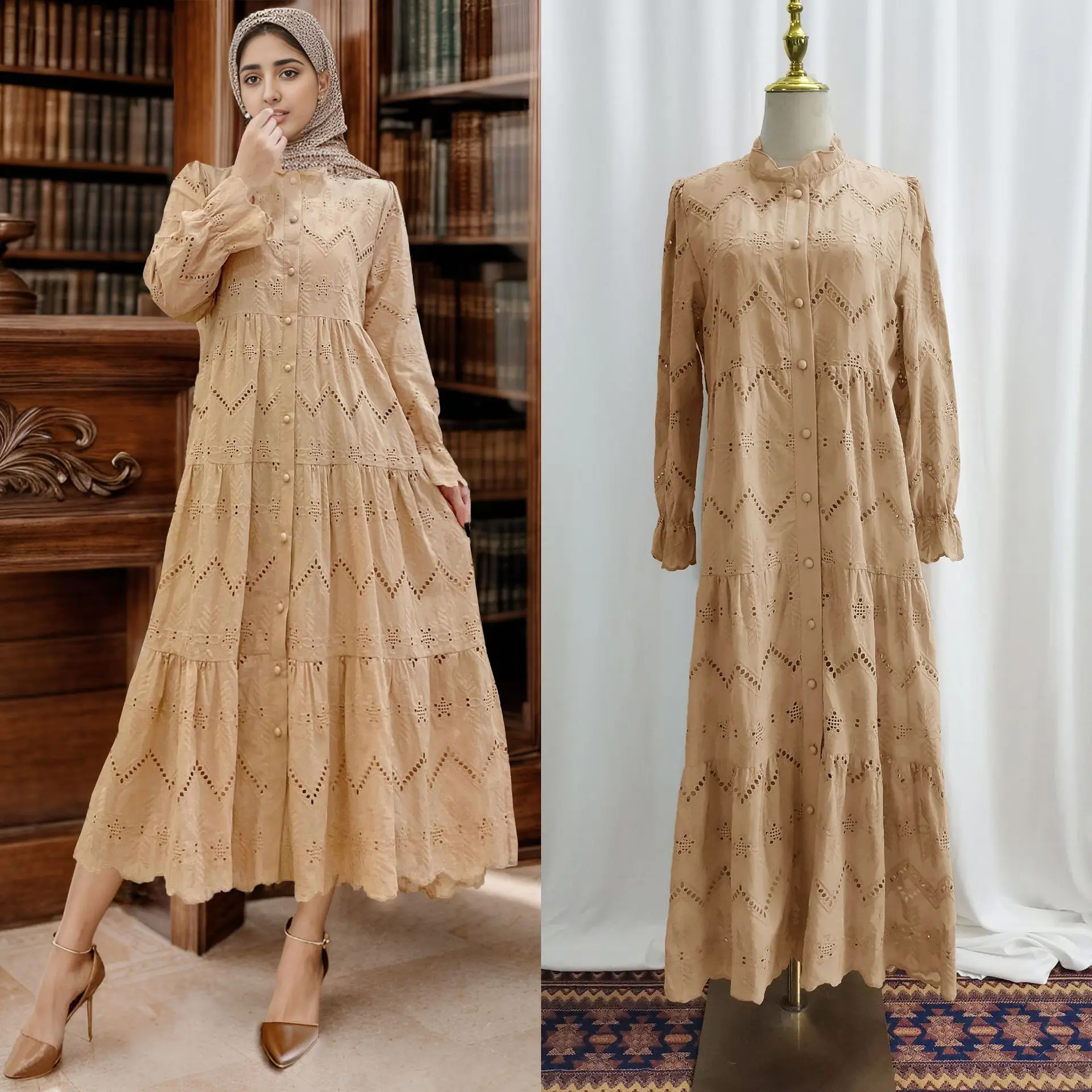 

Elegant Women Solid Long Shirt Dress Muslim Abaya Dubai Abaya Turkey Kaftan Hollow Out Maxi Dresses Female Ramadan Robe Vestidos
