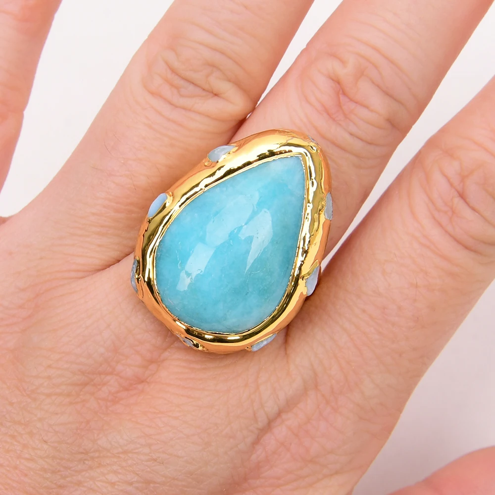 GG Natural Blue Peruvian Amazonite Larimar Paved Teardrop-shaped Adjustable Rings