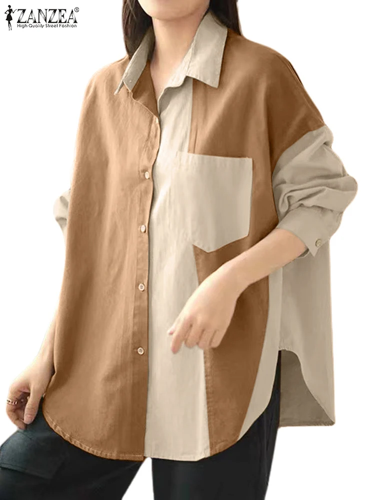 Jesienne koszule damskie Casual Baggy Blouse ZANZEA Fashion Lapel Neck Long Slevve Blusas Femme Patchwork OL Work Tops Loose Chemise