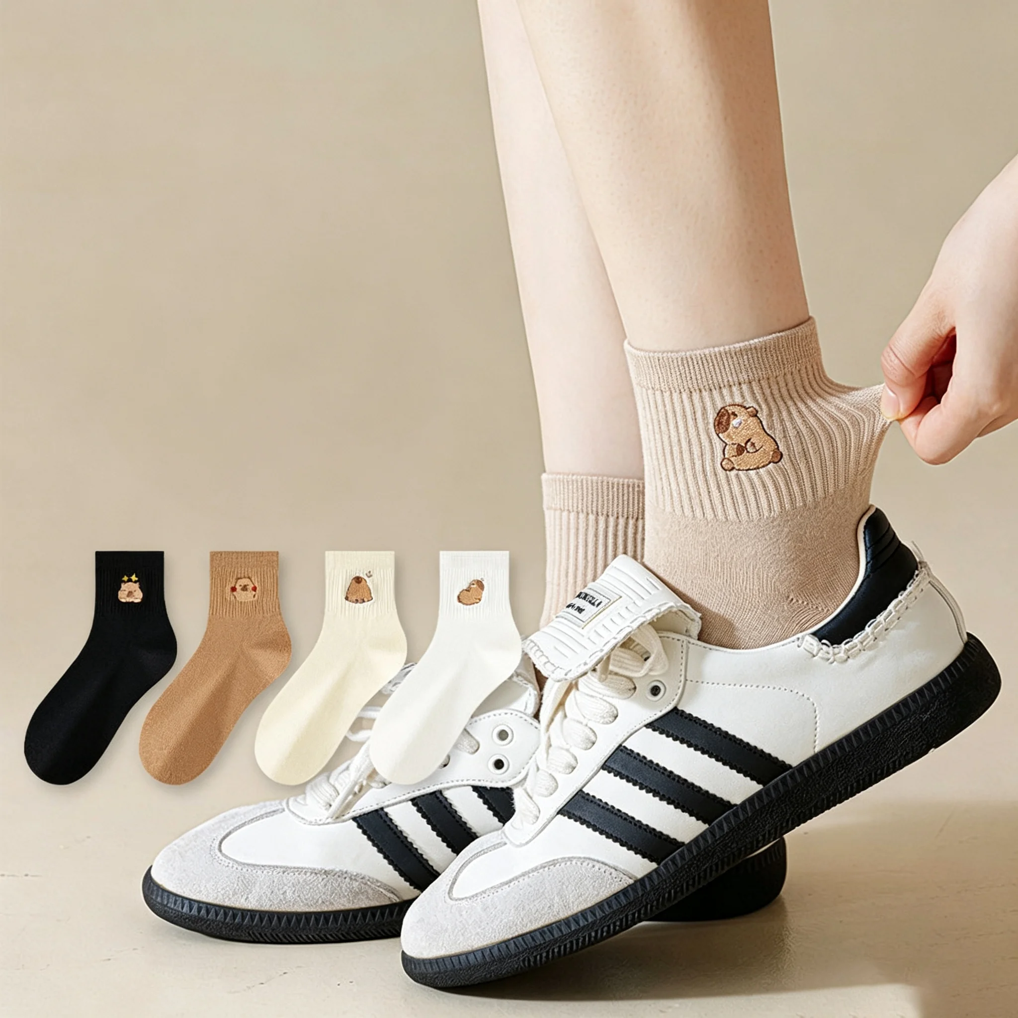 5 Pairs Mixed Color Capybara Mid Calf Socks Cute Simple Solid Color Capybara Embroidery Crew Socks All Season Versatile Casual