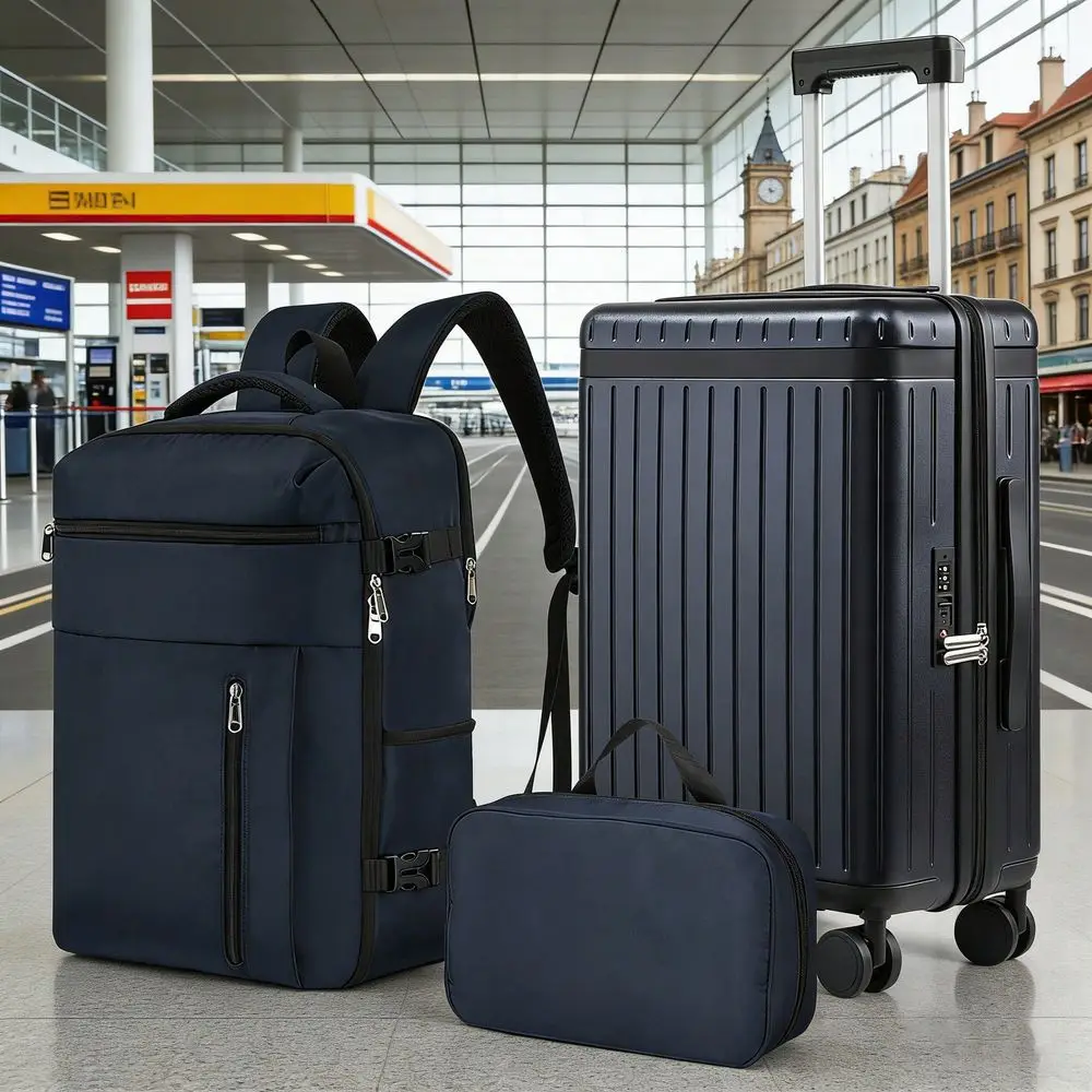 3 Pieces 20 Inch Carry On Luggage Sets, Hard Shell Suitcase With Travel Backpack Makeup Bag, Aviation Certification TSA Lock An