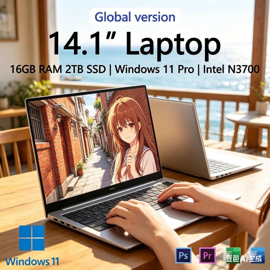 Elite Ultra Slim Laptop 14.1" 16GB RAM 2TB SSD Intel 4405U Gaming PC 1920*1080 Display Office Study Computer PC Windows 11 Pros