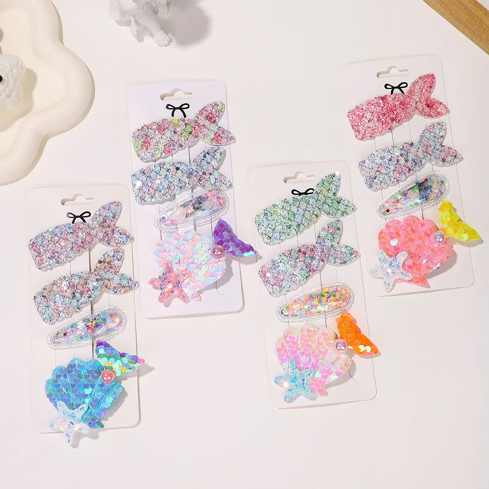 4Pcs Kids Sweet Hair Bangs Clip Set Fish Tail Printed Butterfly Hairpins Children BB Clips Barrettes Girls Headwear Accessories