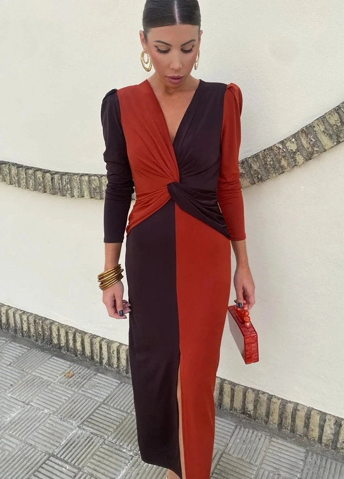 Vestidos femininos com decote em V manga comprida patchwork bodycon vestido maxi com fenda frontal e bloqueio de cores