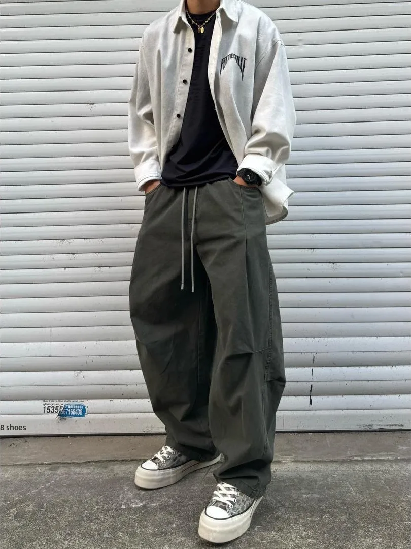 

Свободные мужские повседневные брюки в форме ножа, осенние новые плиссированные брюки в американском стиле ретро, широкие брюки, удобная смесь хлопка