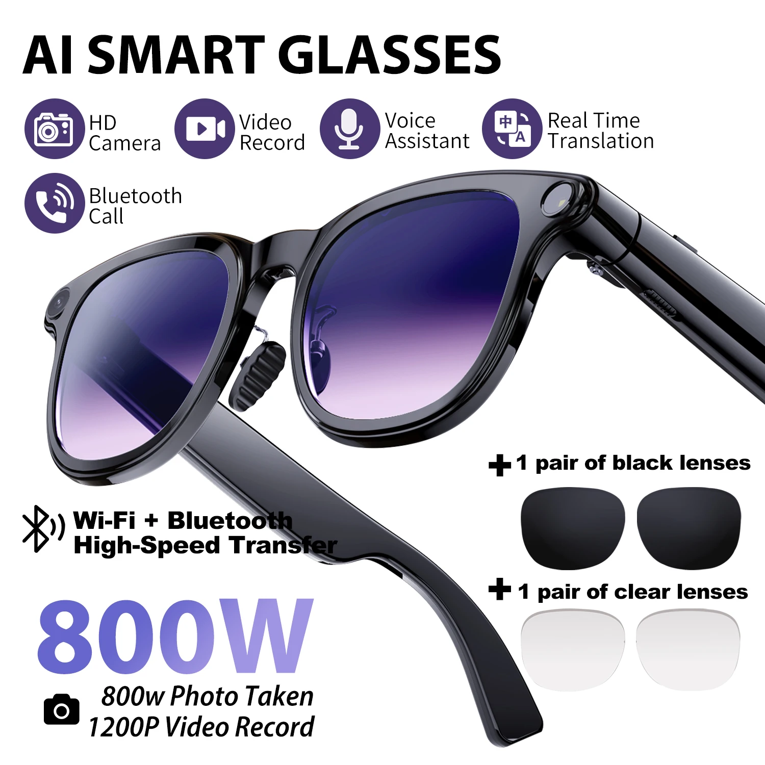 A2 AI Smart Glasses 800W HD Camera Bluetooth Call Voice Assistant Music Player Real-time Translation Smart Glasses Sunglasses