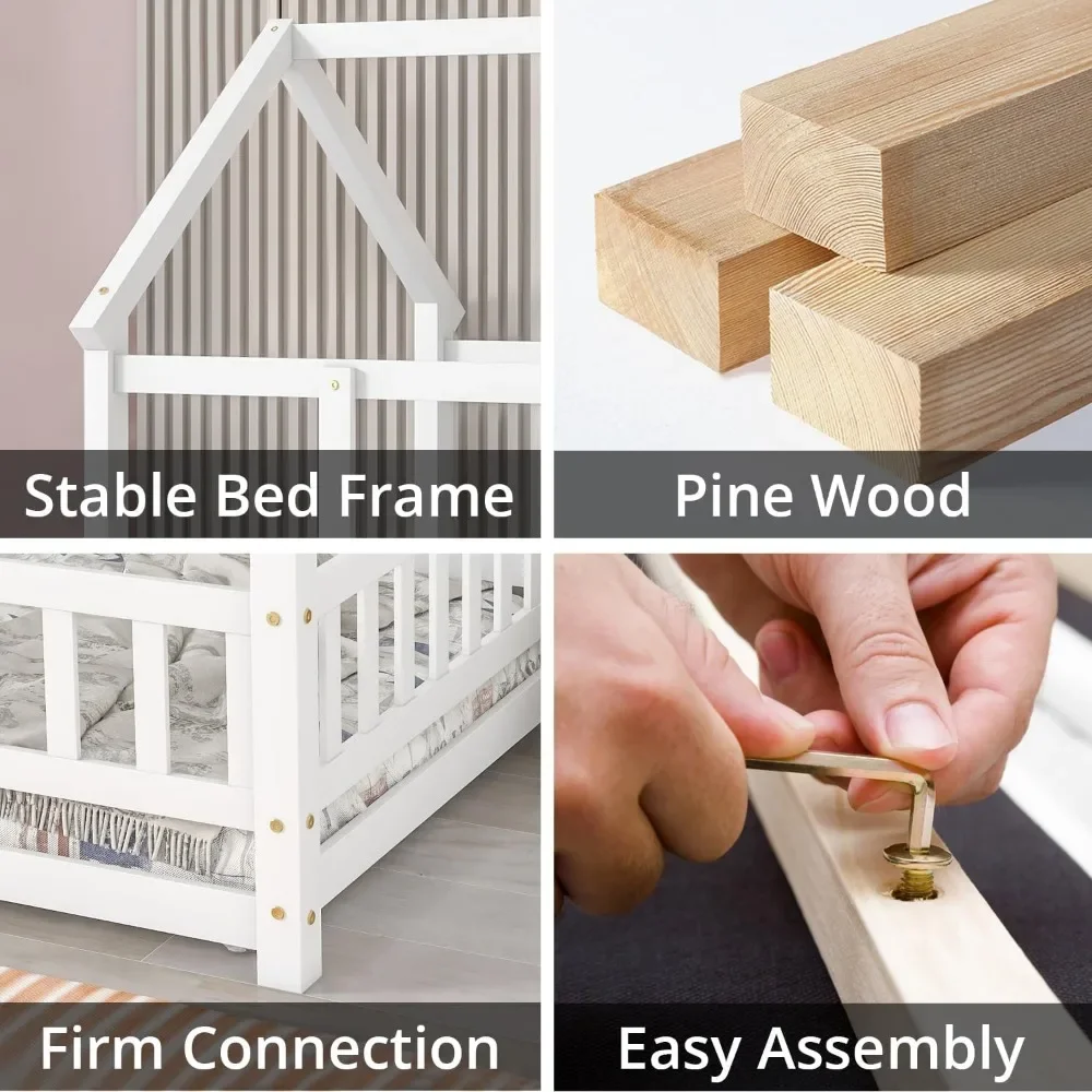 Floor Bed Frame with Roof, Wooden Montessori Bed with Fence, House Bed for Boys Girls Bedroom