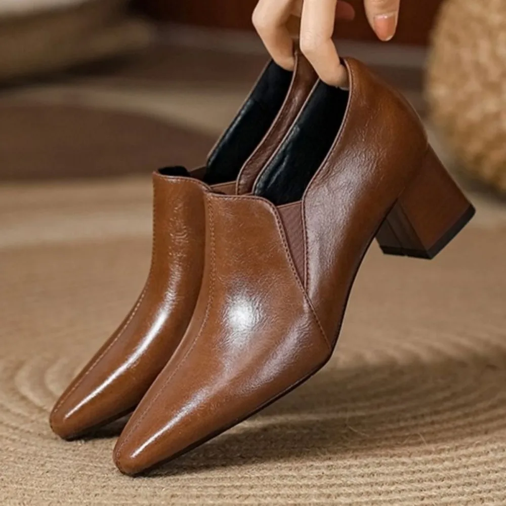 

High-heeled Shoes Women's Spring Autumn Retro Deep-mouth Pumps Women's Thick Heels Soft Leather Square Toe Mid Heel Work Shoes