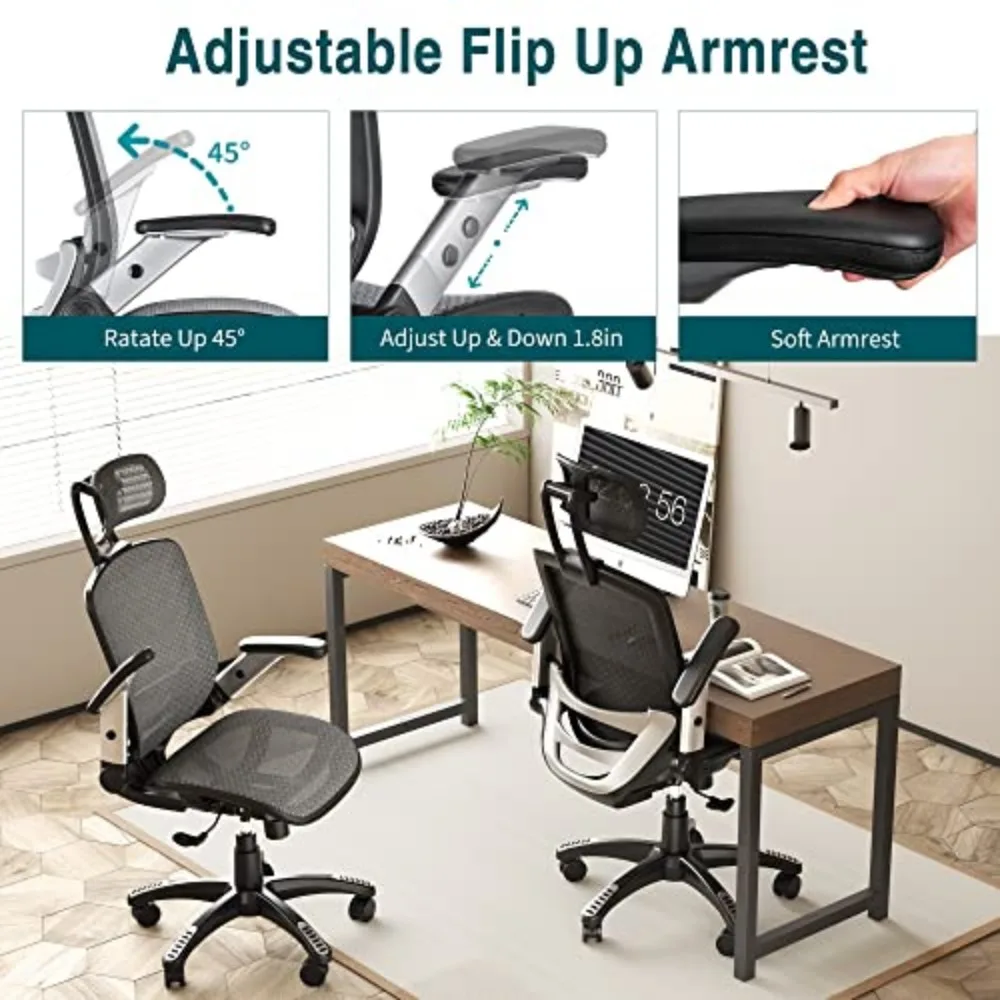 Office Chair/- Adjustable Headrest with Flip-Up Arms, Tilt Function, Lumbar Support and PU Wheels,Grey-Computer Task Chair