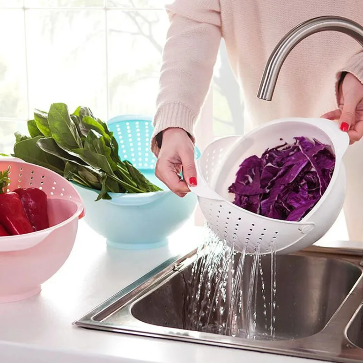 Kitchen Rotatable Three-In-One Storage Basket Portable Storage Fruit Basket Drain Basket Plastic Removable Organizer