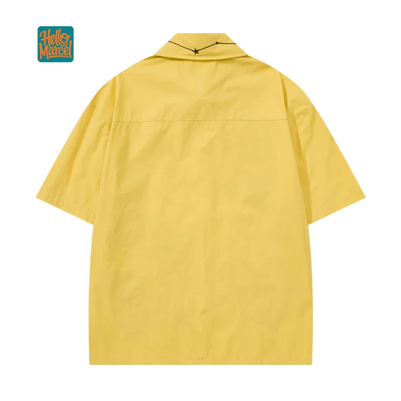 HELLOMARCEL EU US Size Luxury Quality Casual Shirt Street Wear Retro Fun Cartoon Embroidery Yellow Shirt For Men Women