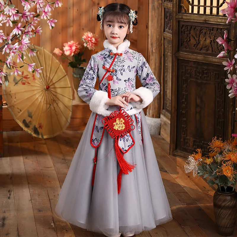 Winter Children Chinese Lovely  Ancient Hanfu Tang Suit Girls New Year Dress Kids Embroidery Cotton-padded Clothes