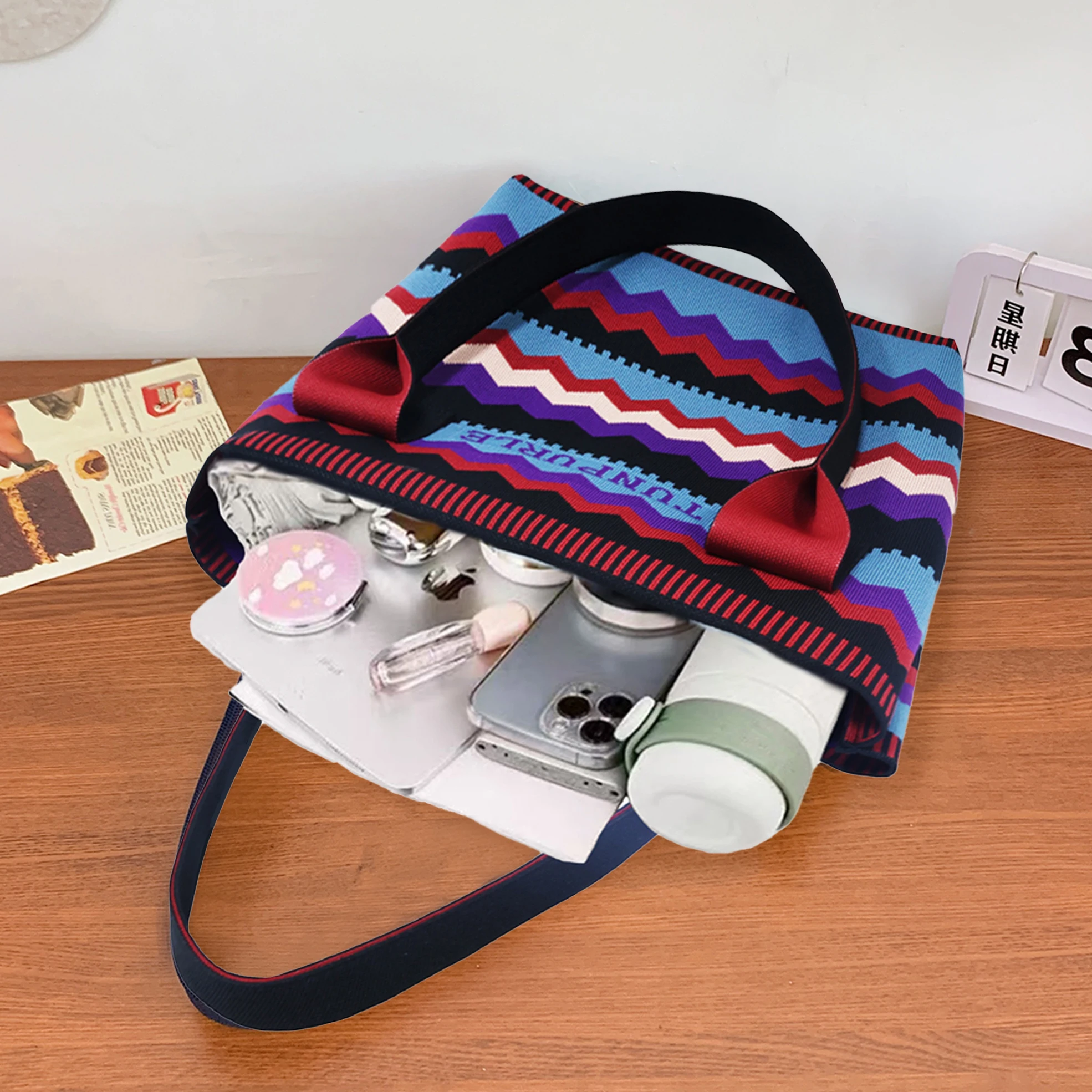 Bohemian Tote Bag Female College Student Shoulder Bag Blue Purple Wave Stripe Handbag Women Large Capacity Commuter Bag Lady's