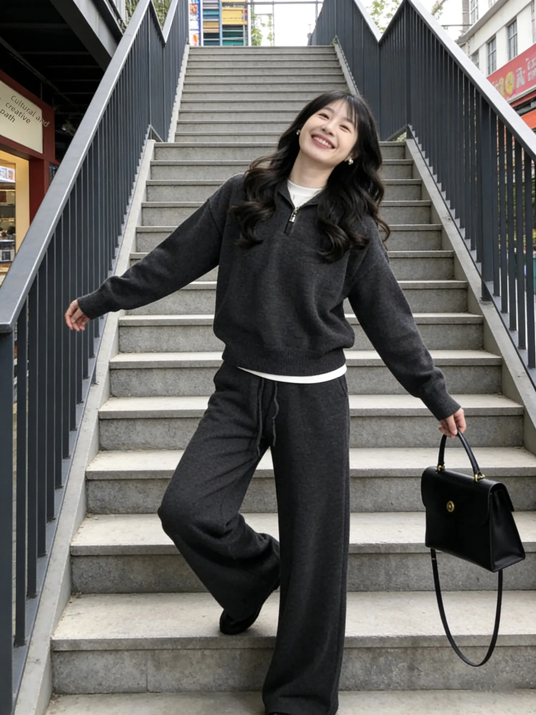 

Winter Knitted Casual Women's Two-Piece Set ey High-End Feeling Top Wide Leg Pants Comfortable Faionable Clete Outfit