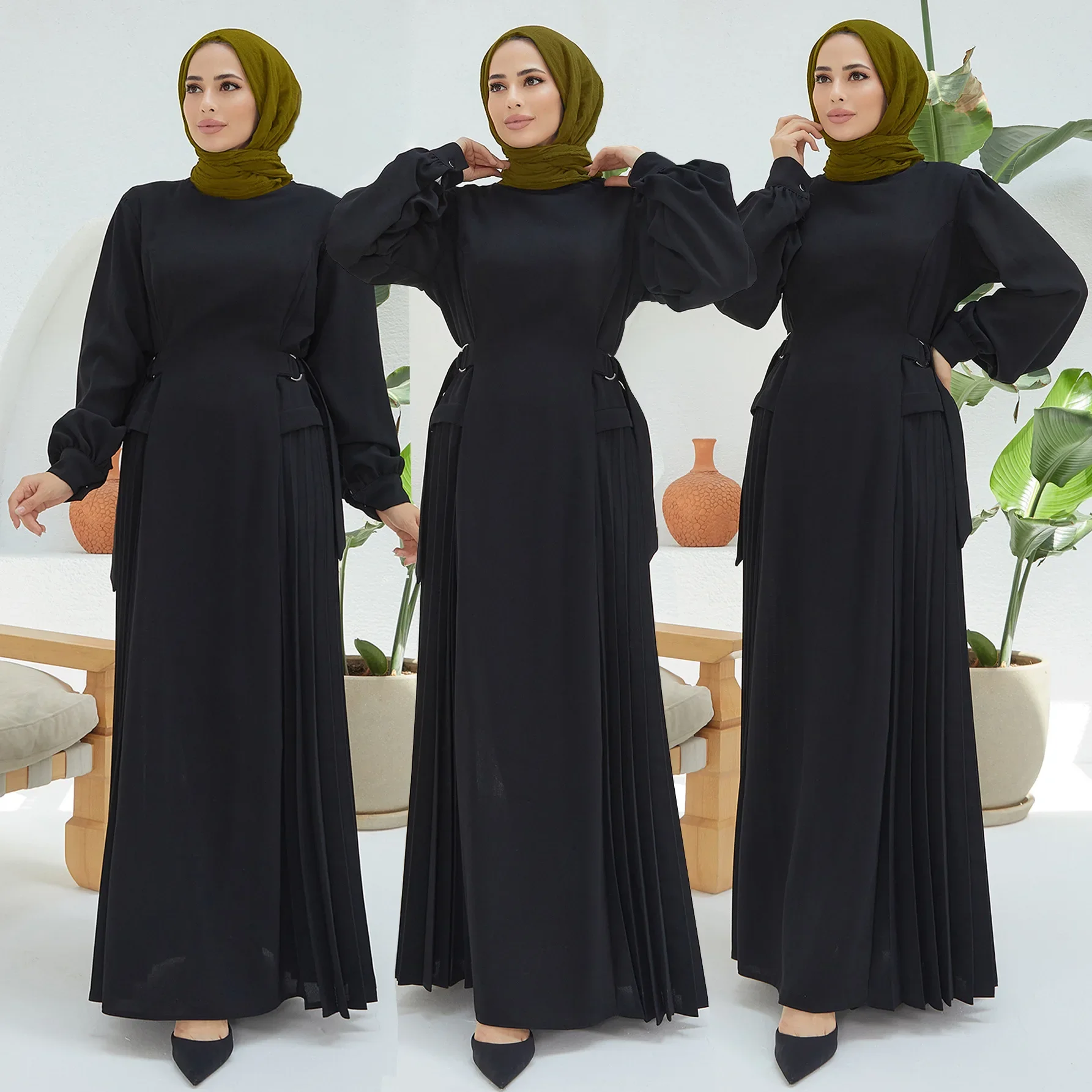 

2025 Fashion Drawstring Muslim Dress Abaya Female Full Length Solid Color Muslim Abaya Worship Service Abayas Arabic Middle East