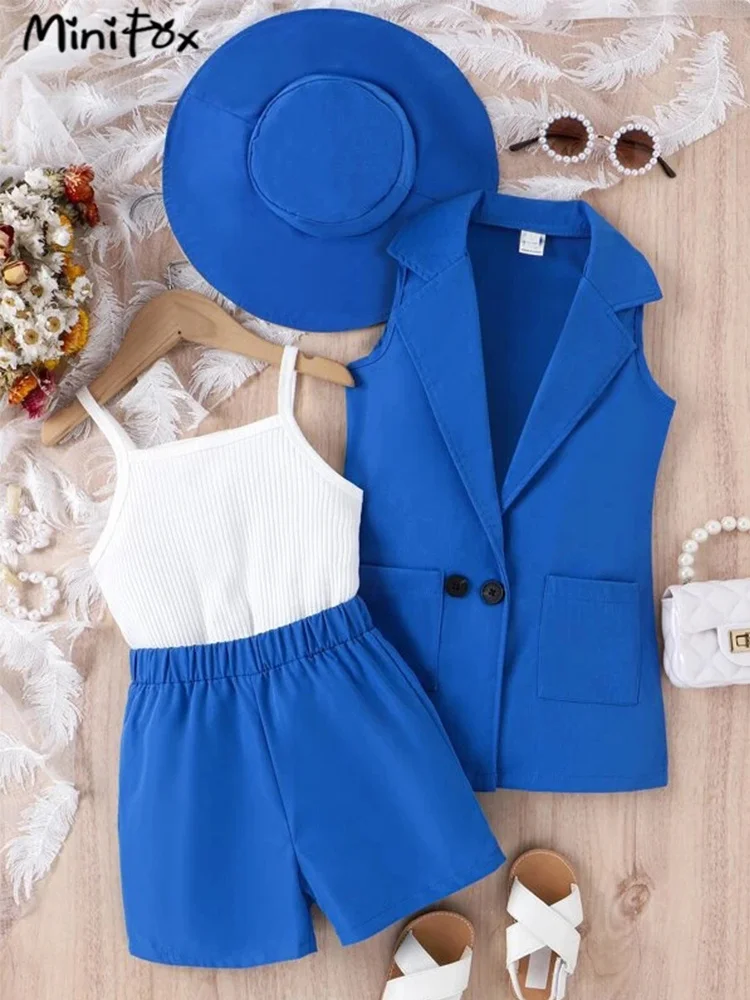 MiniFox Girl\'s Blazer Sets Sleeveless Lapel Blazer Coat+Vest+Shorts+Hat 4pcs Summer Suit For Children Girls Elegants Outfits