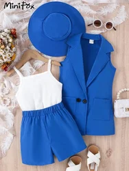 MiniFox Girl's Blazer Sets Sleeveless Lapel Blazer Coat+Vest+Shorts+Hat 4pcs Summer Suit For Children Girls Elegants Outfits